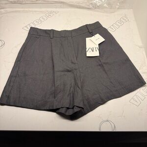 Zara Pleated High-Waist Shorts Charcoal Gray Size S Linen-Blend Modern NormCore